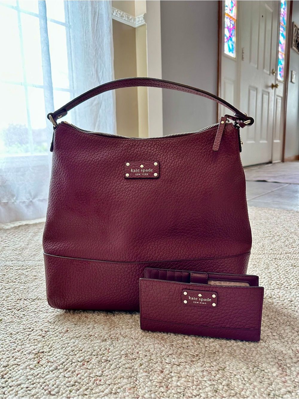kate spade Plum Pebbled Leather Shoulder Bag with Matching Cardholder